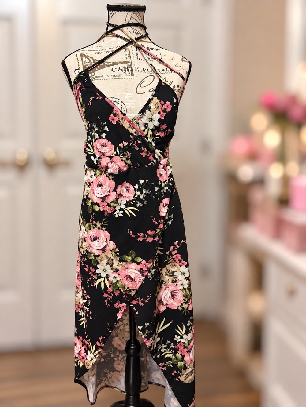 Cross-Strap High-Low Floral Dress in Black and Pink
